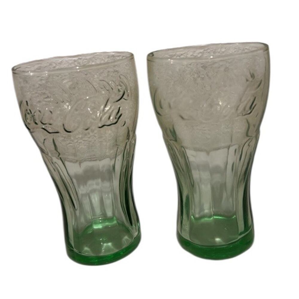Coca-Cola Green Contour Glasses Set of 2 Vintage Embossed Coke Logo‎ Tumblers